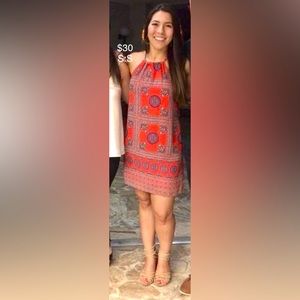 Lulu’s Coral Red Print Halter Dress, size S.